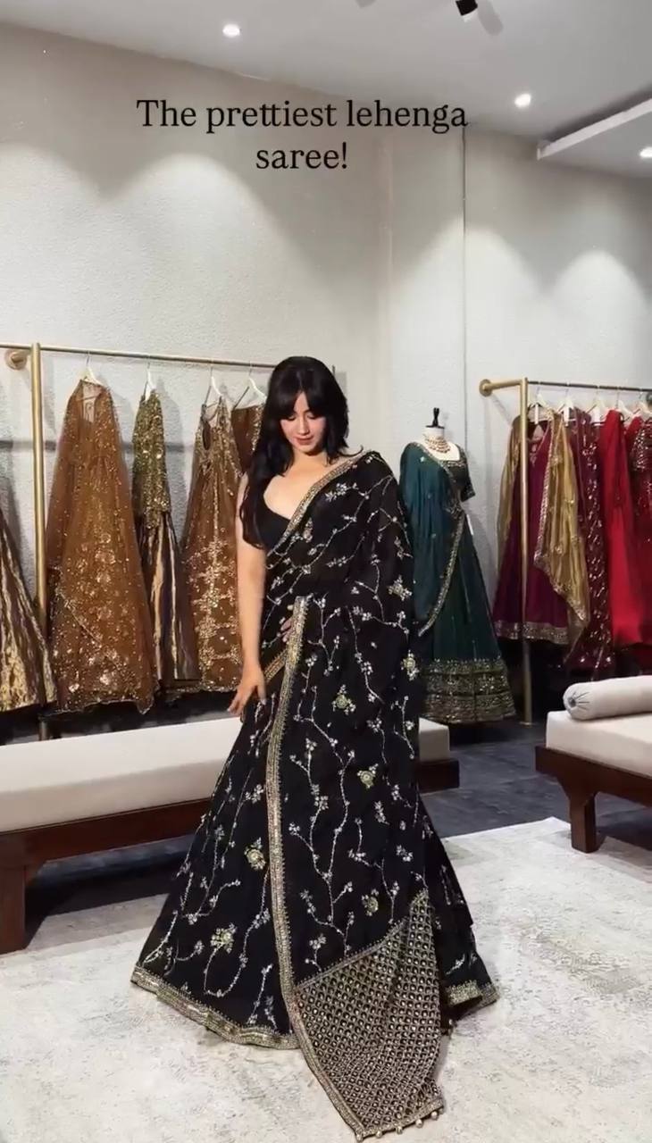 Midnight Black Georgette Lehenga Choli Adorned with Delicate Silver Floral Vine Embroidery and Scalloped Borders